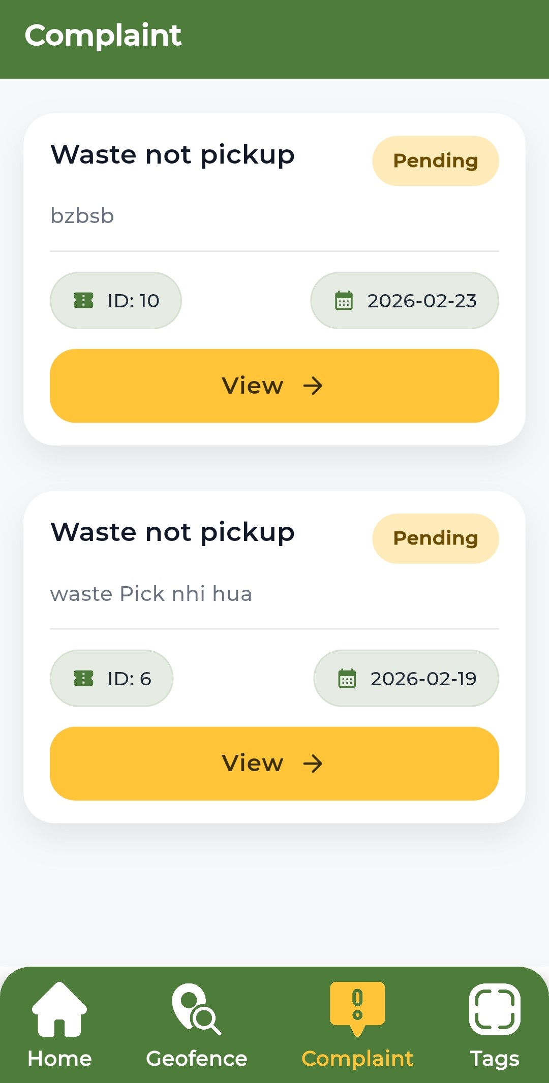 Municipal Waste Management Platform Vehicle Create Complaint